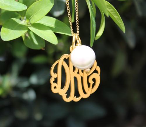 Monogrammed Script Hand Cut Pendant with Pearl Charm  Apparel & Accessories > Jewelry > Necklaces