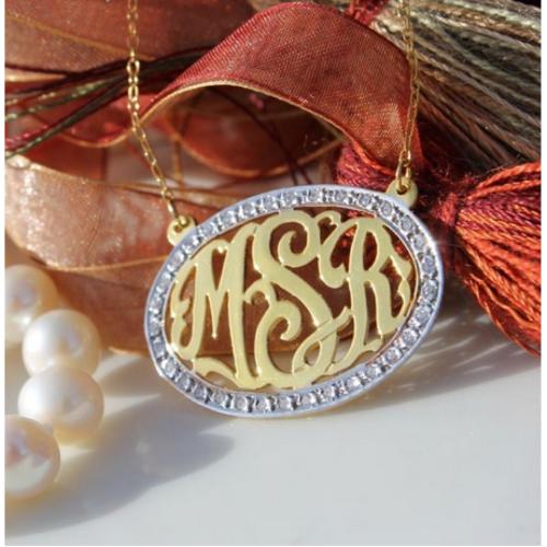 Cz Bordered Oval Script Monogram Necklace in gold or sterling  Apparel & Accessories > Jewelry > Necklaces