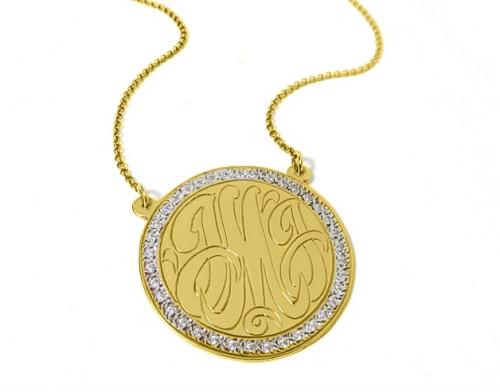 Engraved Monogrammed Disc with CZ Border  Apparel & Accessories > Jewelry > Necklaces