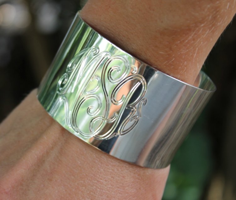 Monogrammed Wide Sterling Silver Engraved Cuff Bracelet
