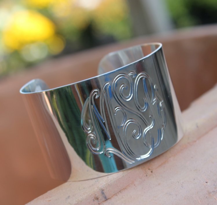 Monogrammed Wide Sterling Silver Engraved Cuff Bracelet