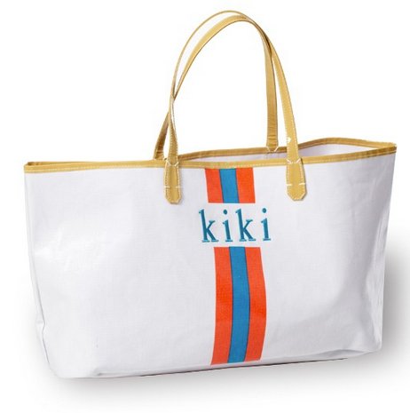 Monogrammed Canvas Racing Stripe Tote In 6 Colors