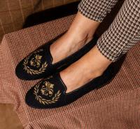 By Paige Metallic Gold Fleur de Lis Ladies Needlepoint Loafers 