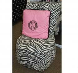 zebra chair with pink pillow larger interlocking monogram done in black thread Pillow custom made zebra chair and pillow 