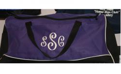 Purple and white larger tri colored sports bag with three lettter monogram Purple Monogrammed Bag 