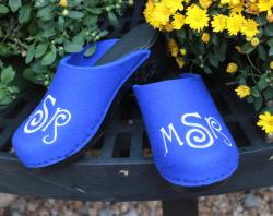 Royla Blue Wool Clogs with a Curly Que Monogram in white thread Wool Royal Blue with White Monogram NULL