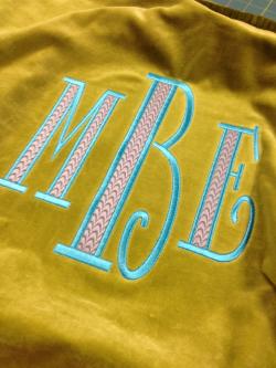 3 letter Deco font enlarged for a velvet pillow - done in 2 color thread Deco monogram for pillow top NULL