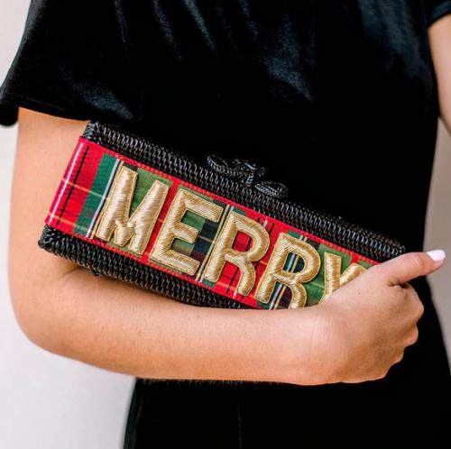 Lisi Lerch Merry Colette Clutch Holiday Plaid Ribbon  Lisi Lerch Colette Holiday Plaid Ribbon Embroidered Applique Merry   Apparel & Accessories > Handbags > Clutches & Special Occasion Bags
