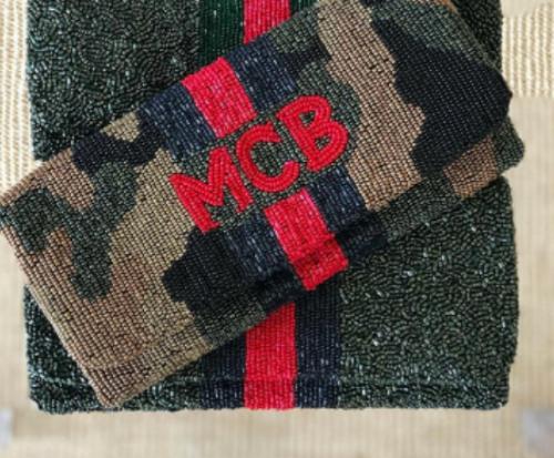 Monogrammed Camo Clutch with Red Racing Stripes Monogrammed Camo Beaded Clutch Apparel & Accessories > Handbags > Clutches & Special Occasion Bags