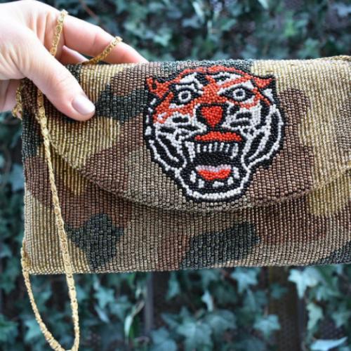 Camo Beaded Clutch with Beaded Tiger Beaded Tiger and Camo Clutch Apparel & Accessories > Handbags > Clutches & Special Occasion Bags