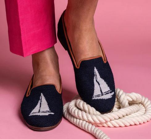 Needlepoint White Sailboat on Navy Ladies Loafers By Paige  Apparel & Accessories > Shoes > Loafers
