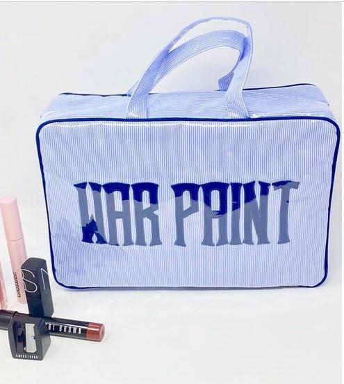 Top Handled Cosmetic Case in blue pinstripe with Timeless appliqué  Top Handled Cosmetic Case in blue pinstripe with Timeless appliqué  NULL