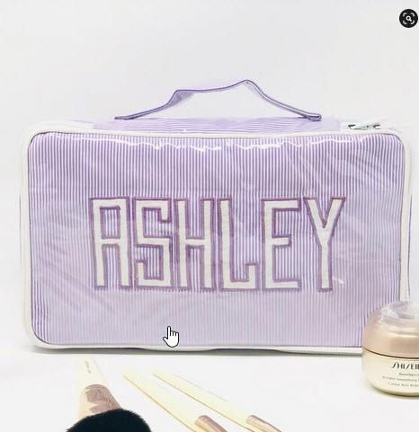 Handled Brush Case in lavender pinstripe with Matt appliqué  Handled Brush Case in lavender pinstripe with Matt appliqué  NULL