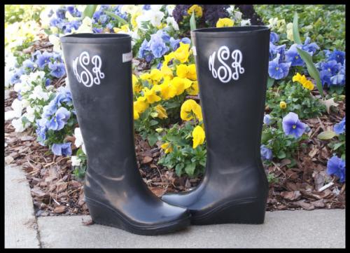We have these in our Greenville Stores but not on the website yet. Wedge Heels! Mongorammed Wedge Rain Boots 