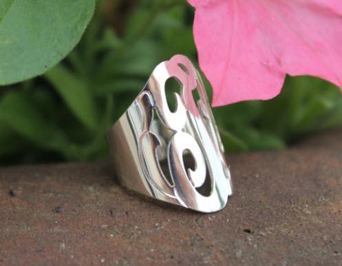 Large Oval Sterling Silver Cut Out Initial Boyfriend Ring  Apparel & Accessories > Jewelry > Rings