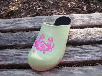 Lime green nubuck clog with hot pink crab and natural flex heel lime nubuck clog with hot pink crab 