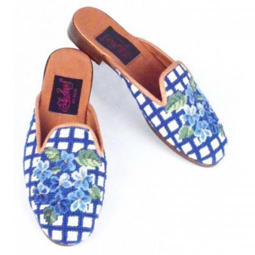 By Paige Ladies Needlepoint Hydrangea on Royal Check Mules  Apparel & Accessories > Shoes > Clogs & Mules