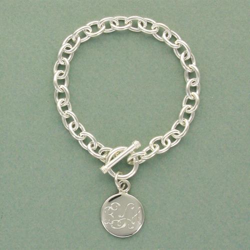 Monogrammed Heavy Weight Sterling Silver Link Bracelet With Round Charm At The Pink Monogram