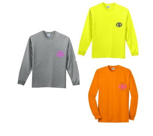 Monogrammed Cotton Long Sleeve Tee Shirt with Pocket In Several Colors  Apparel & Accessories > Clothing > Shirts & Tops > T-Shirts