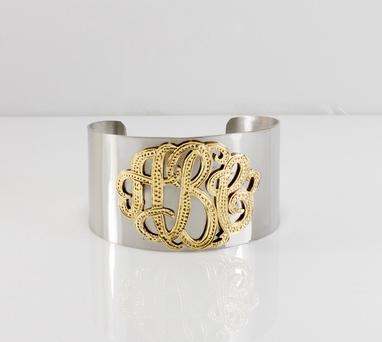 Wide stainless steel cuff with raised beaded monogram Stainless Steel Cuff with Raised beaded Monogram Apparel & Accessories > Jewelry > Bracelets