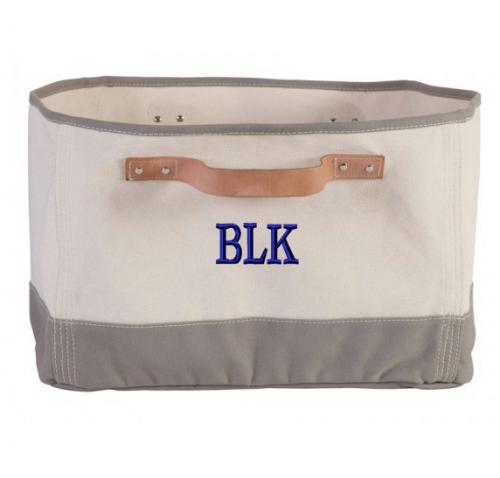 Monogrammed Gray Canvas Organizing Tub with Leather Handles  Home & Garden > Household Supplies > Storage & Organization > Household Storage Containers