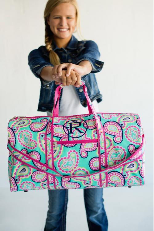 Monogrammed Mint Paisley Duffel Bag with Pink Trim Luggage & Bags > Duffel Bags