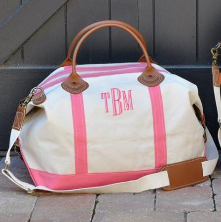 Monogrammed Weekender Canvas Bag with Pink Trim   Luggage & Bags > Duffel Bags