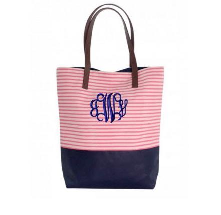 Monogrammed Tote in Coral Stripes   Apparel & Accessories > Handbags > Tote Handbags