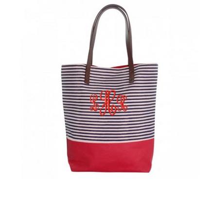 Monogrammed Red Tote with Navy Stripes   Apparel & Accessories > Handbags > Tote Handbags