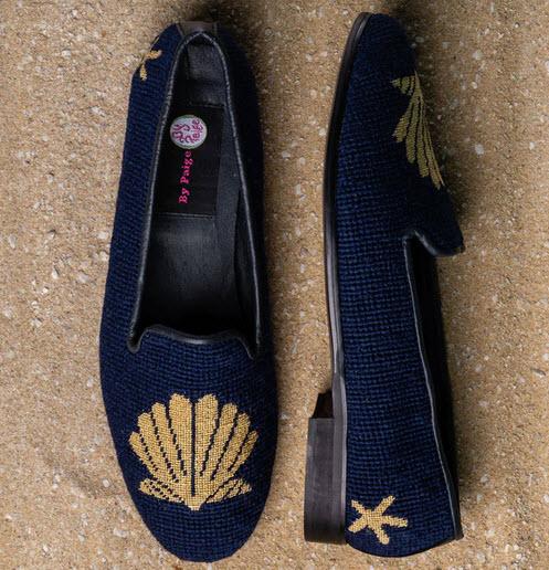 By Paige Gold Scallop on Navy Ladies Needlepoint Loafers   Apparel & Accessories > Shoes > Loafers