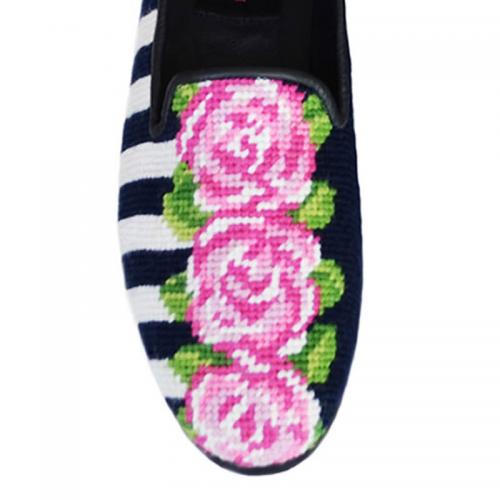 By Paige Ladies Pink Roses on Navy Stripe Needlepoint Loafers  Apparel & Accessories > Shoes > Loafers