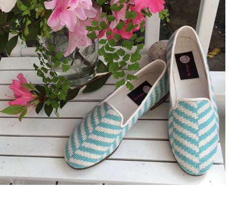 By Paige Ladies Aqua and White Herringbone Needlepoint Loafers  Apparel & Accessories > Shoes > Loafers