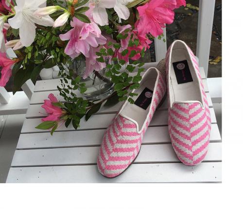By Paige Ladies Pink and White Herringbone Needlepoint Loafers  Apparel & Accessories > Shoes > Loafers