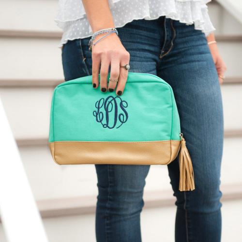 Monogrammed Mint Cabana Cosmetic Bag  Luggage & Bags > Toiletry Bags