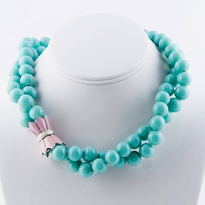 Double Strand Turquoise Necklace with Light Pink Enamel 18K Gold Filled 