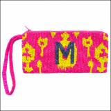 Ikat Pattern Beaded Monogram Wristlet