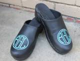 Black Leather Clogs With A Teal Monograem  . . . 