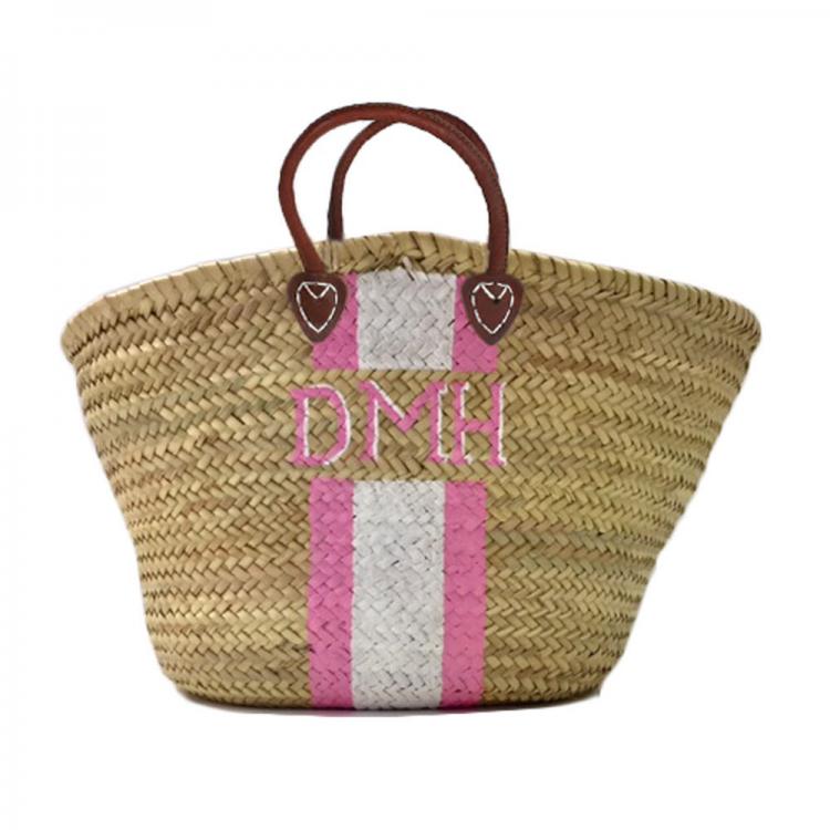 Monogrammed Hand Painted Stripe Straw Tote Bag