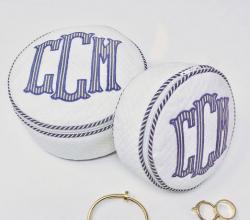 White Matelasse 3 Inch Jewelry Round trimmed in Blue PInstripe White Matelasse 3 Inch Jewelry Round trimmed in Blue PInstripe NULL