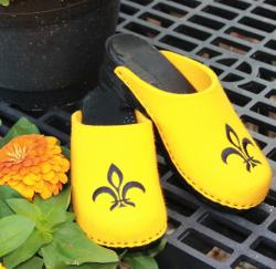 Bright Yellow Wool clogs with a black fluer de les Monogrammed Yellow Wool Clogs NULL