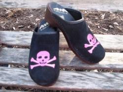 Black suede clog with hot pink skull and brown flex heel black suede clog with hot pink skull 