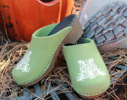 Moss Green Wool Clogs with our Filigree Monogram in white with brown Flex heels Moss Green Wool Clogs NULL