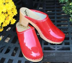 Red Patent High Heel Clogs with no monogram Red Patent Plain Jane Clogs on a natural high heel NULL