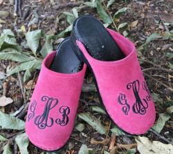 Hot Pink suede clogs with a black monogram in victor font Hot pInk Suede Clogs with black monogram NULL