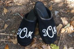 Black suede with white classic monogram and black flex heel Th black sued with white classic mono 