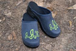 Denim Leather  with classic lime green monogram and black flex heel H Navy Nubuck with classic monogram 