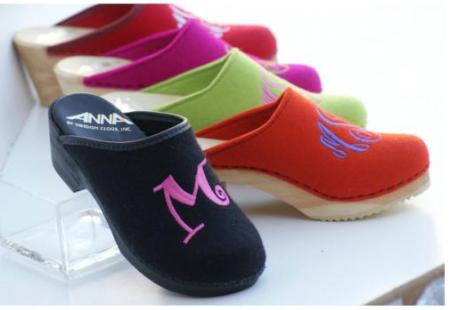 the pink monogrammed clogs