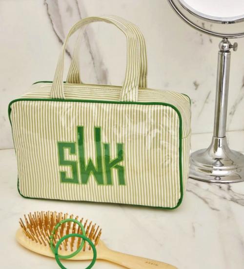 Small Handled Cosmetic case in green pinstripe with Ella appliqué Small Handled Cosmetic case in green pinstripe with Ella appliqué NULL