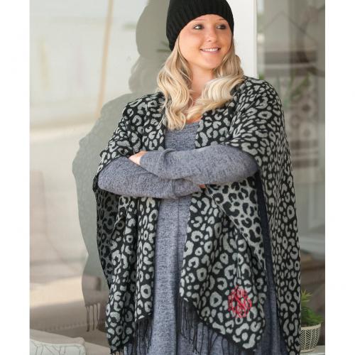 Monogrammed Black Leopard Kennedy Shawl  Apparel & Accessories > Clothing Accessories > Scarves & Shawls