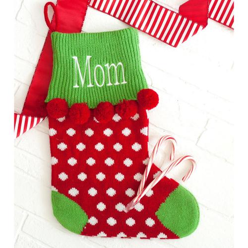 Personalized Red Dot Pom Pom Knit Stocking  Home & Garden > Decor > Seasonal & Holiday Decorations > Holiday Stockings